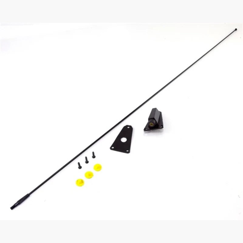Omix black antenna kit including non-telescoping mast, base with black housing, lead wire, gasket, and mounting hardware.