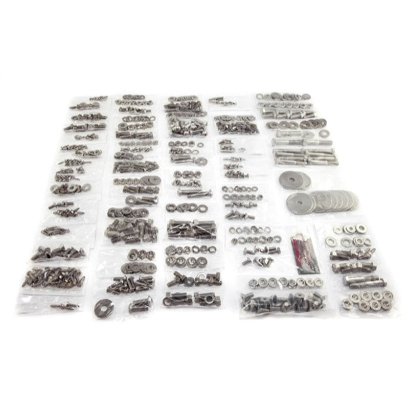 Omix 539-piece stainless steel body fastener kit for 1955-1975 Jeep CJ5 and CJ6 with labeled hardware bags.