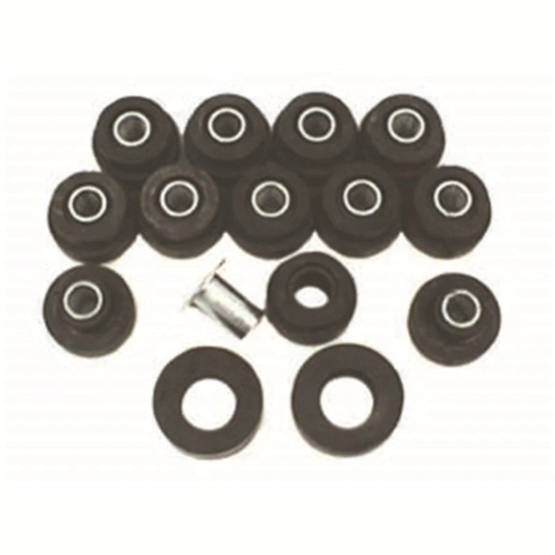 Omix body tub mounting kit including black polyurethane bushings and metal collared sleeves for Jeep CJ models.