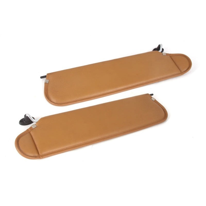 Pair of Camel colored vinyl sun visors for Jeep Wrangler TJ with metal attachment rods.