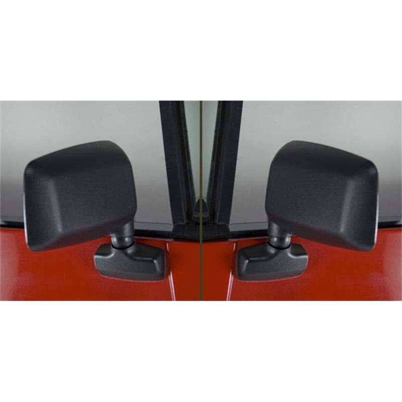 Pair of black rectangular OE style door mirrors with hinge mounts for 1987-1995 Jeep Wrangler YJ.