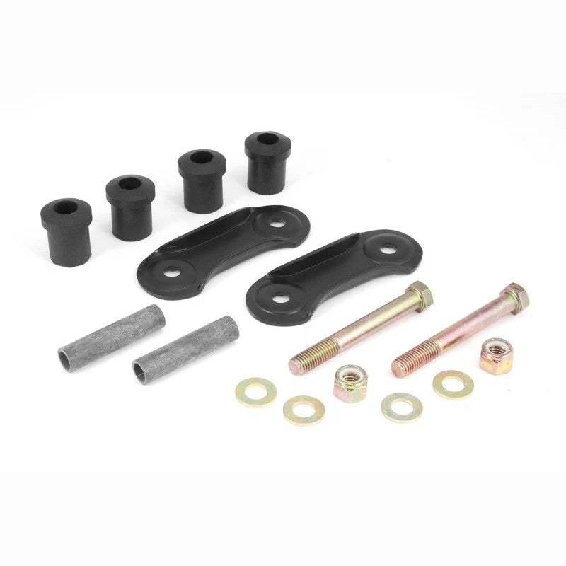 Omix leaf spring shackle kit with steel brackets, black bushings, and zinc-plated hardware for Jeep Wrangler YJ.