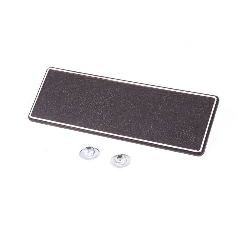 Black molded plastic radio delete panel with silver trim border for 1976-1986 Jeep CJ dashboard restoration.