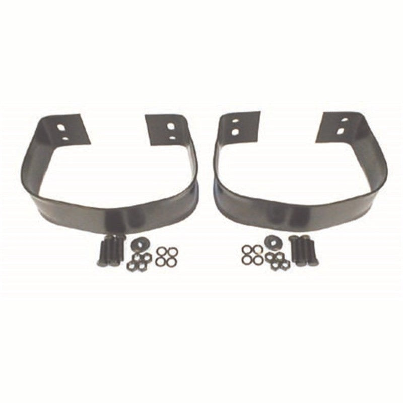 Pair of black steel rear bumperettes with mounting bolts, nuts, and washers for 1976-2006 Jeep CJ and Wrangler