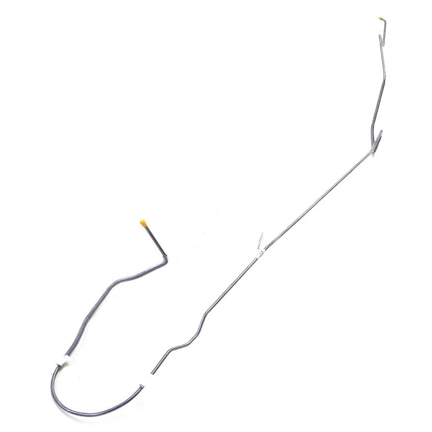 Pre-bent rigid steel fuel return line with flared ends and threaded fittings for Jeep CJ7.