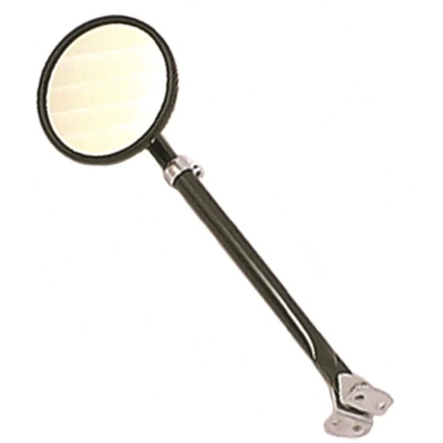Omix black round 5-inch side mirror with telescoping arm and mounting bracket for classic Jeep Willys models.