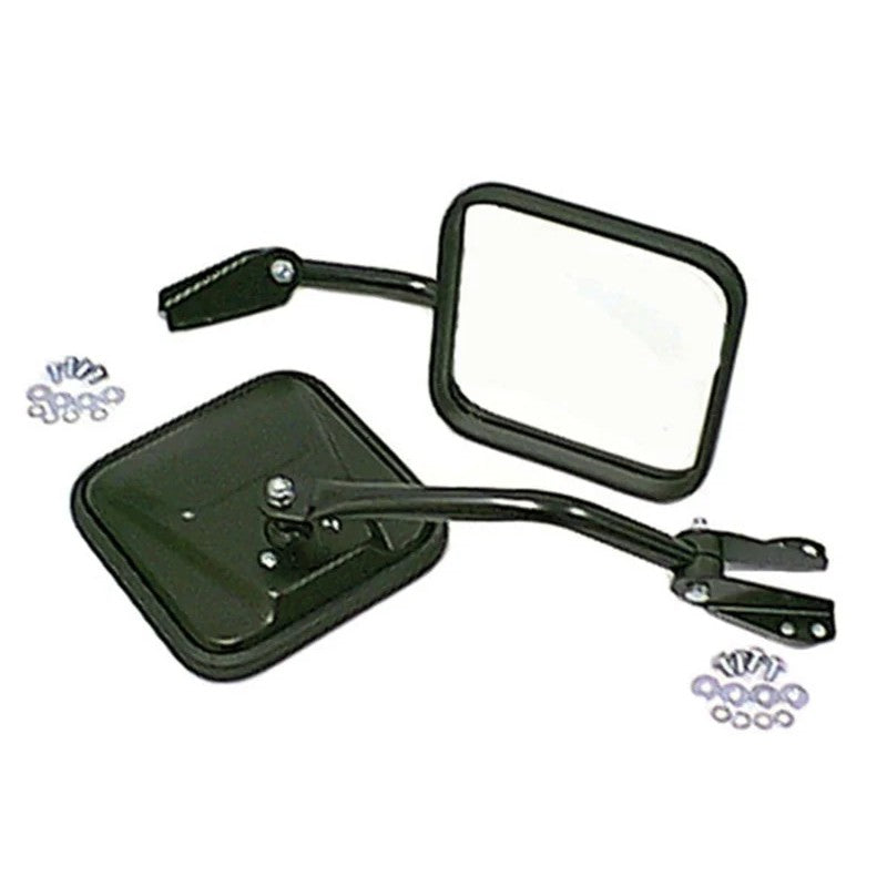 Pair of Omix black powder coated 7-inch square side mirrors with mounting arms and brackets for Jeep CJ.