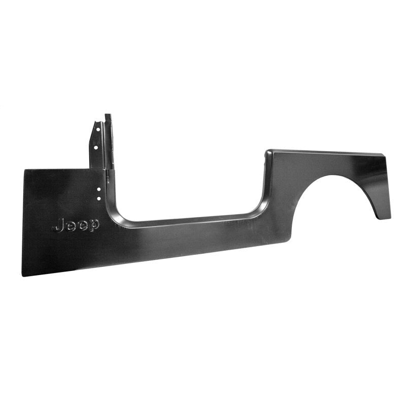 Stamped steel driver side body panel for 1976-1995 Jeep CJ7 and Wrangler YJ featuring embossed Jeep script logo.