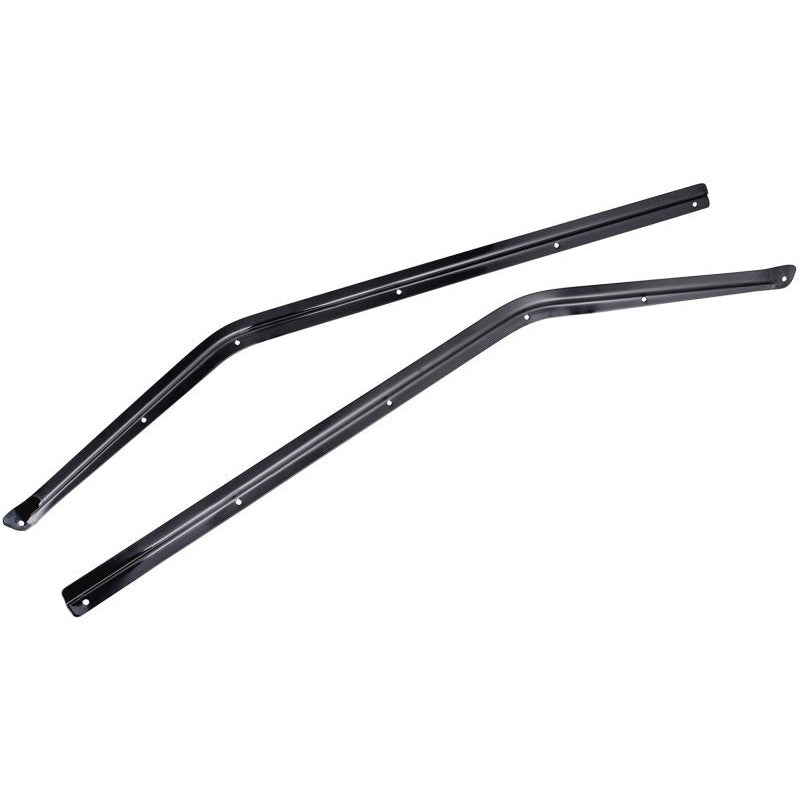 Pair of black powder-coated Jeep Wrangler YJ soft top window retaining channels with mounting hardware.