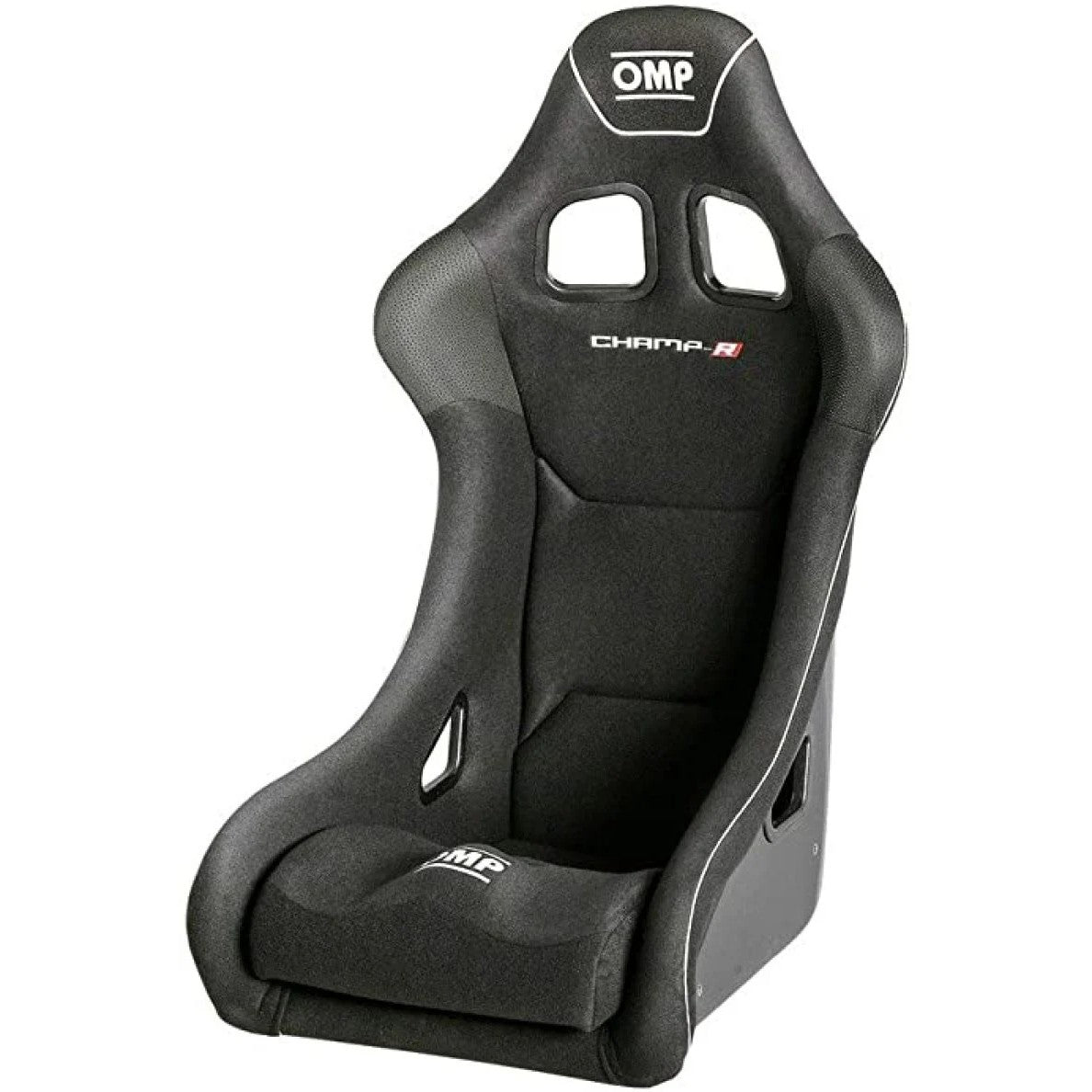 OMP Champ-R Series black fiberglass racing seat featuring high side bolsters and large shoulder harness slots.