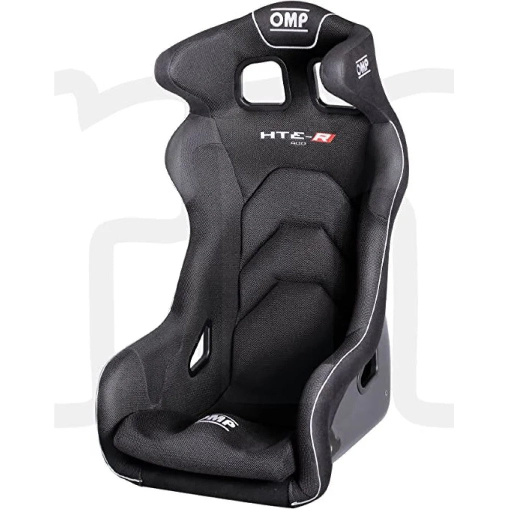 Black OMP HTE Series 400 fiberglass racing seat with integrated side head protection and breathable fabric cushions.