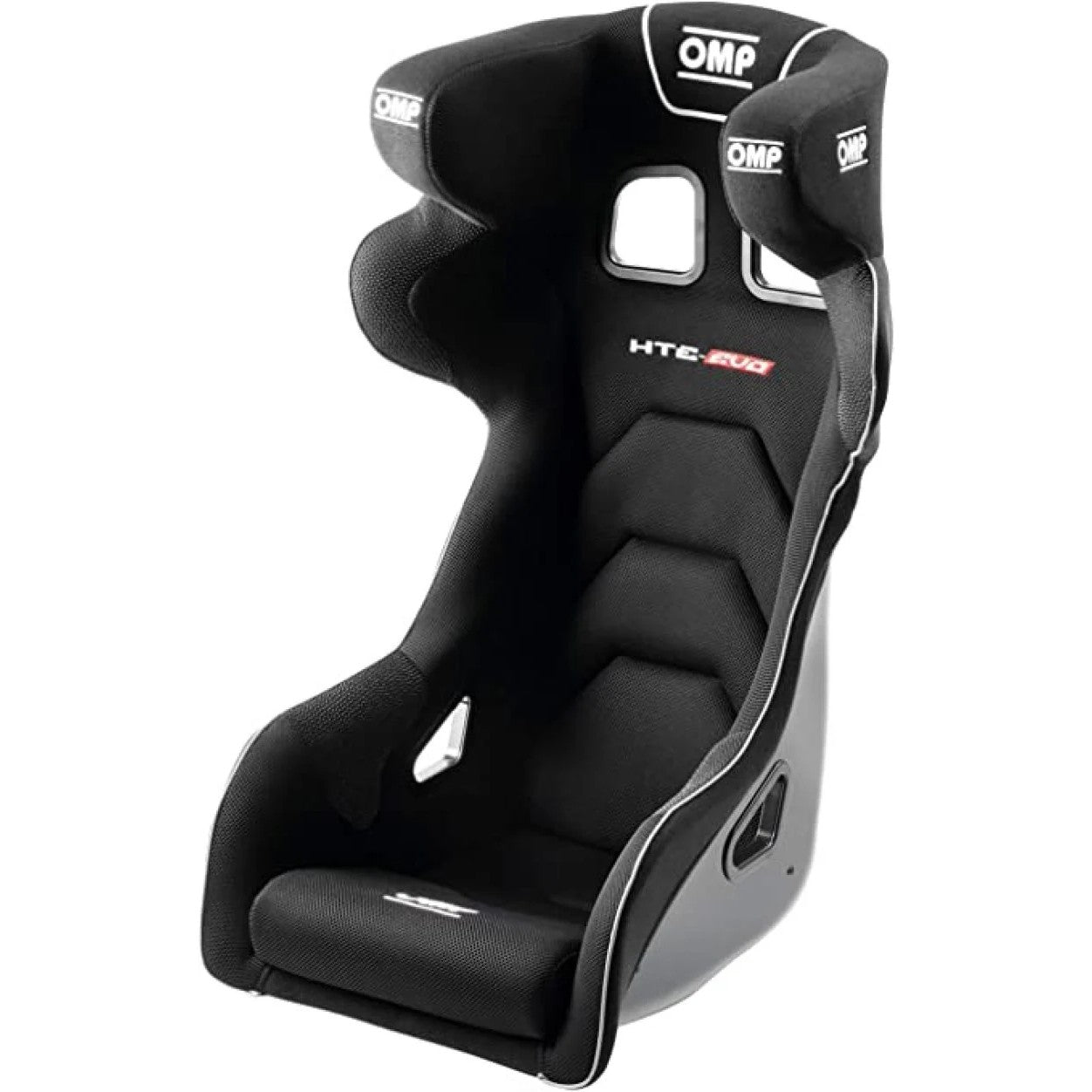 Black OMP HTE Series Evo fiberglass racing seat featuring integrated halo head containment and high side bolsters.