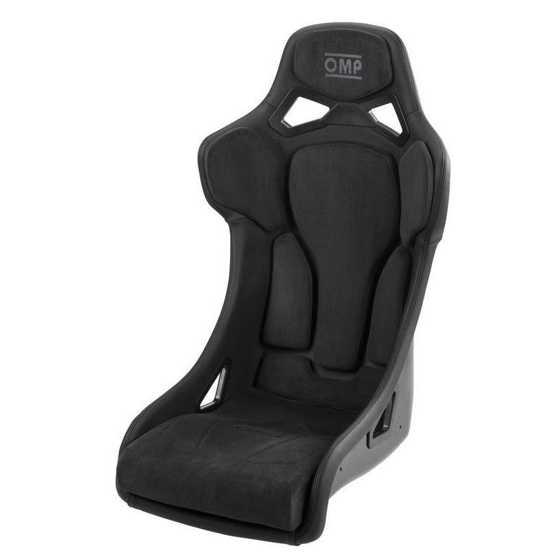 Black OMP RT racing seat featuring leather and Alcantara upholstery with harness slots and FIA 8855-1999 branding.