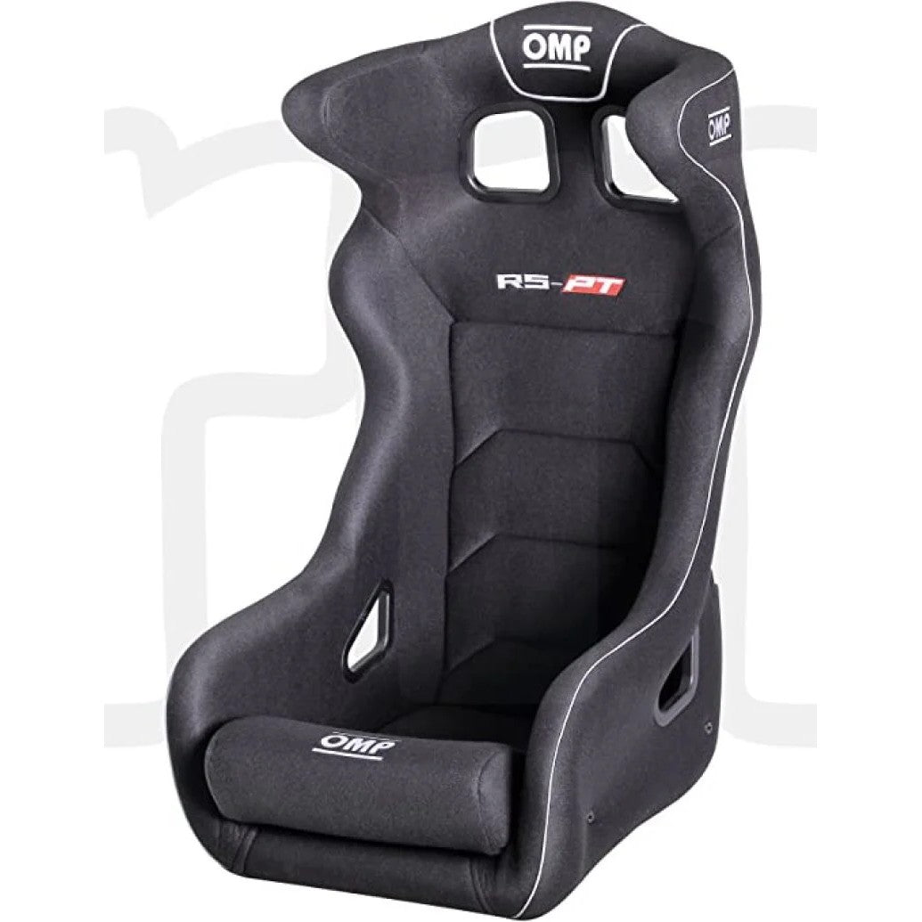 Black OMP RS-PT2 racing seat featuring a fiberglass shell, integrated head restraint, and five harness slots.
