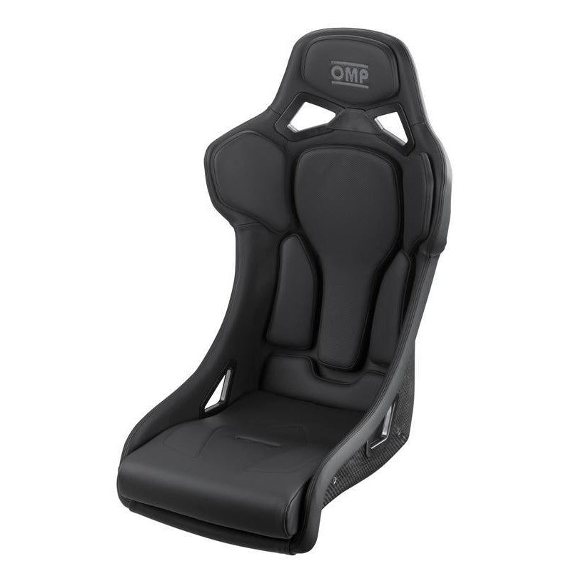 OMP RT Carbon racing seat in black leather and Alcantara featuring an exposed carbon fiber shell back.