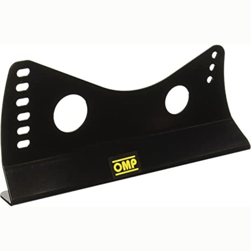 Black powder-coated 3mm steel OMP lateral seat brackets with adjustable mounting hole patterns.
