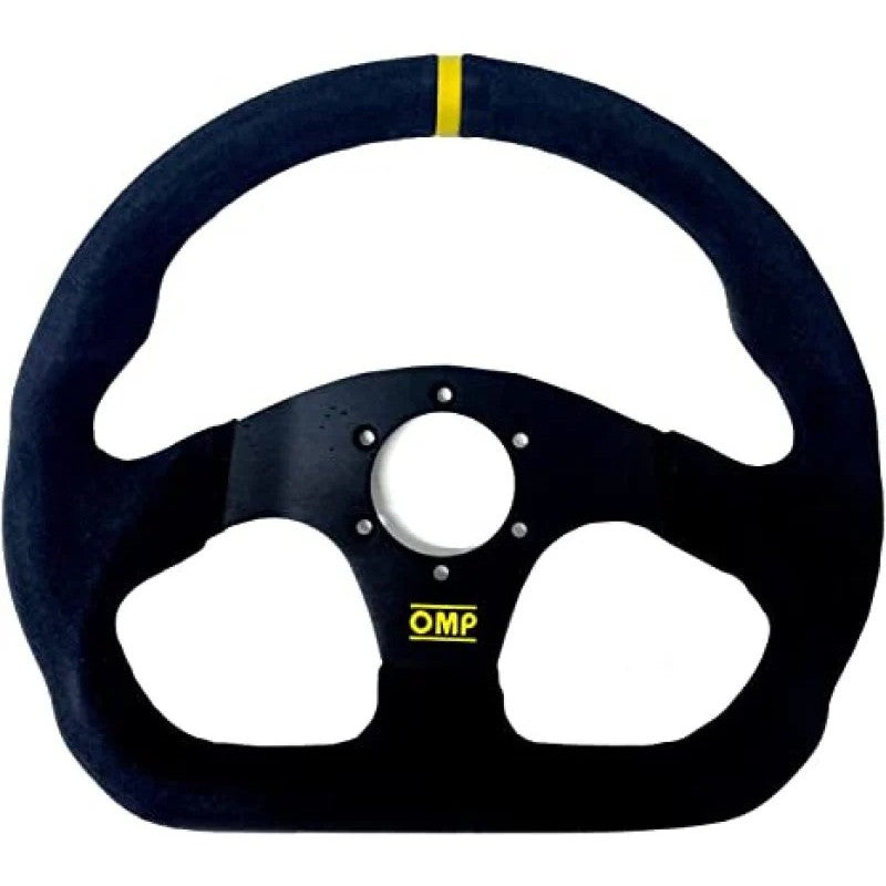 OMP Superquadro flat-bottom steering wheel in black suede with three black spokes and yellow centering stripe.