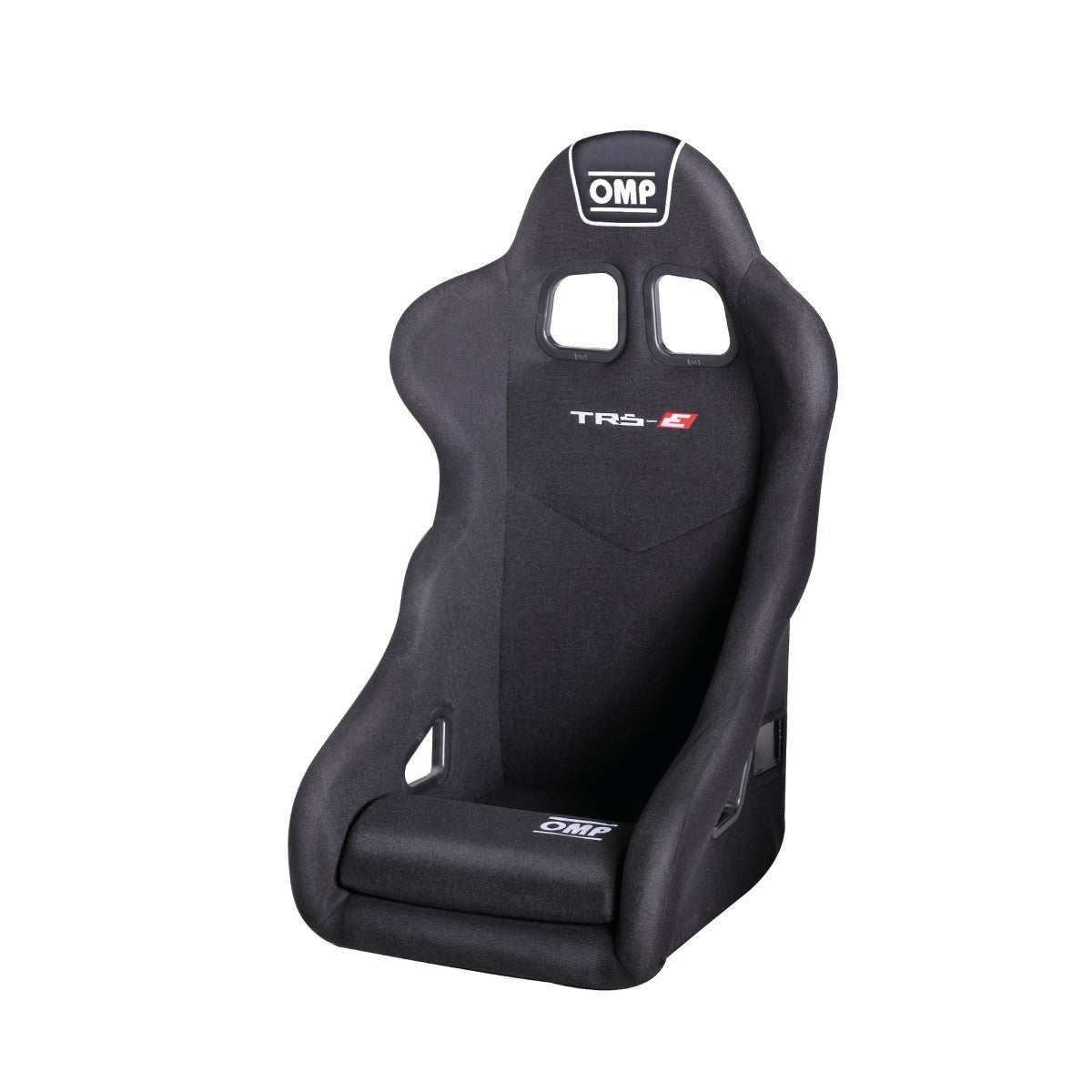 Black OMP TRS-E racing seat featuring a tubular steel frame and large shoulder harness slots.