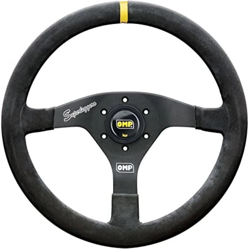 Black suede OMP Velocita Superleggero 350mm steering wheel featuring a lightweight three-spoke design.