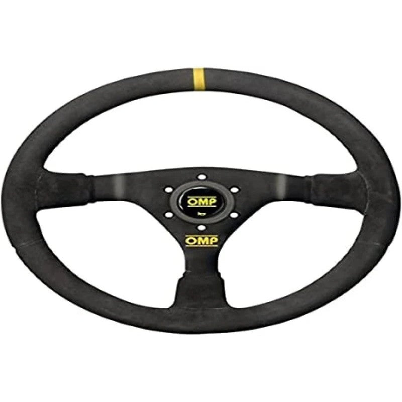OMP WRC 350mm 3-spoke racing steering wheel with 70mm mid-depth dish and black small suede grip.