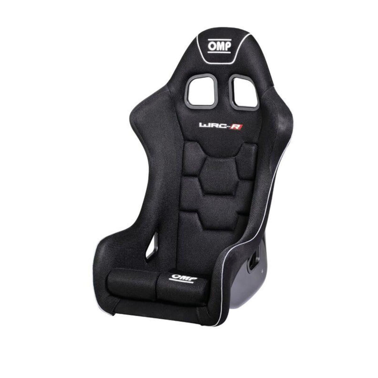 Black OMP WRC Series fiberglass racing seat featuring side bolsters and harness pass-through slots.