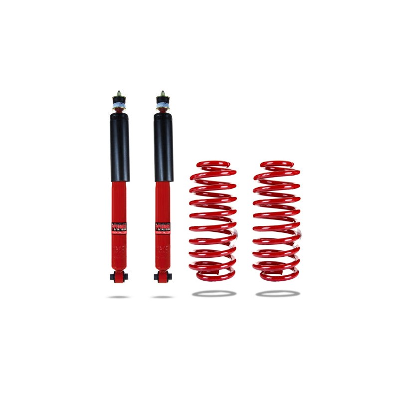 Pedders EziFit SportsRyder rear suspension kit featuring red lowering springs and performance shocks for Ford Mustang.