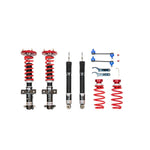 Pedders Extreme Xa monotube coilover kit with red springs and integrated camber plates for S197 Ford Mustang.