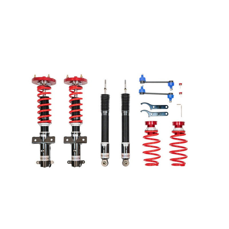 Pedders Extreme Xa monotube coilover kit with red springs and integrated camber plates for S197 Ford Mustang.
