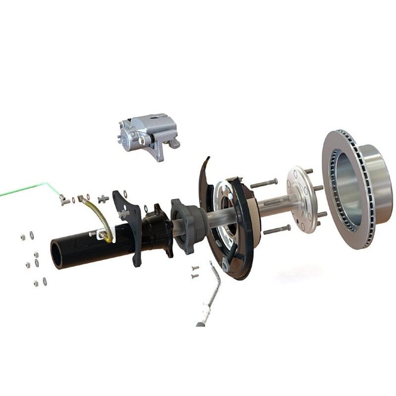 Pedders rear disc brake conversion kit for 6-lug Toyota Tacoma featuring calipers, rotors, and mounting hardware
