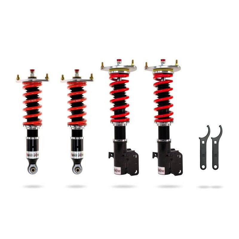Pedders Extreme Xa adjustable mono-tube coilover kit with red springs for 2008-2014 Subaru Impreza and WRX.