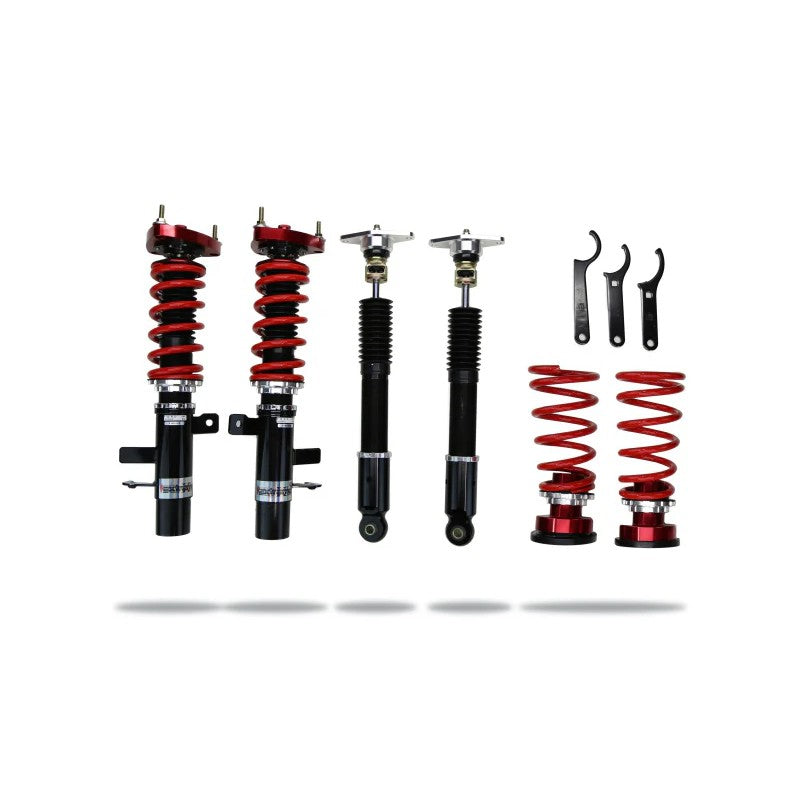Pedders Extreme XA adjustable monotube coilover kit with red springs and black shock bodies for Ford Focus ST.