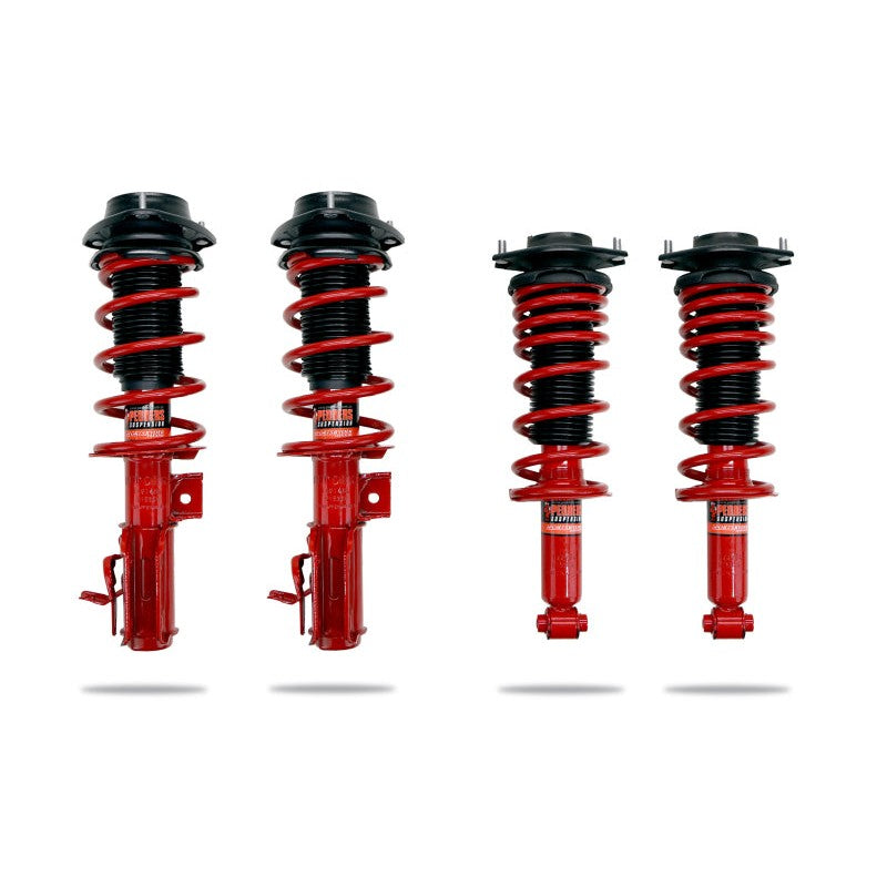 Pedders EziFit SportsRyder pre-assembled spring and shock kit with offset mounts and red lowering springs