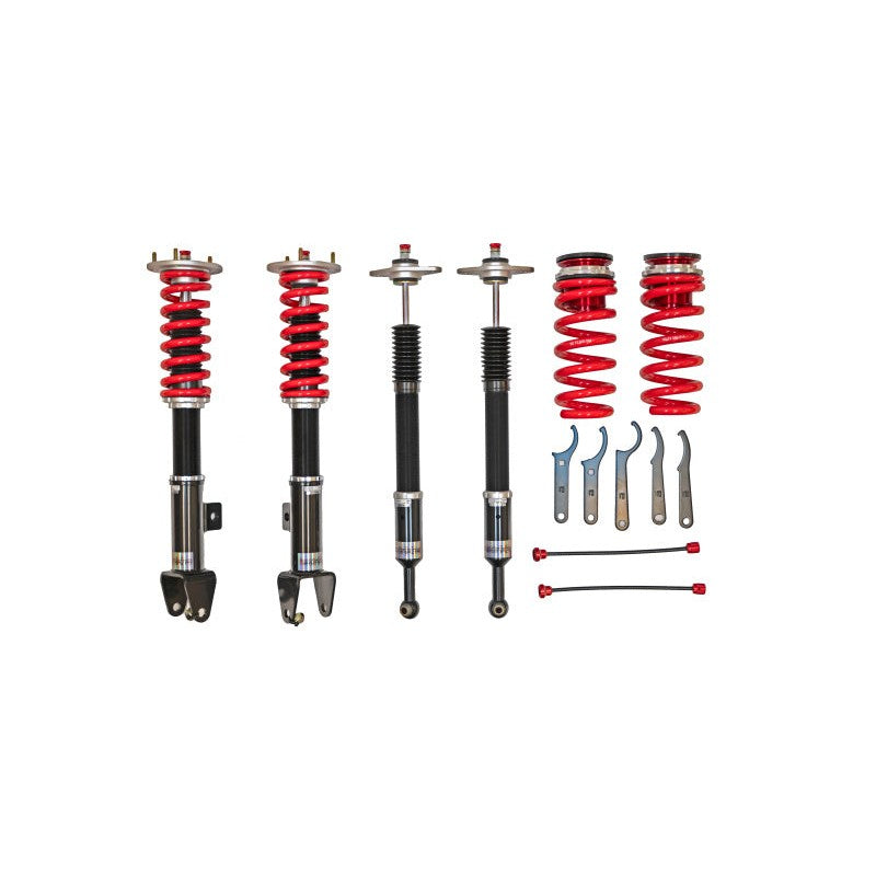 Pedders Extreme XA adjustable monotube coilover kit with red springs for 2015-2022 Dodge Challenger and Charger models.