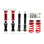 Pedders Extreme Xa height-adjustable monotube coilovers with red alloy steel springs for 2015-2025 Ford Mustang.