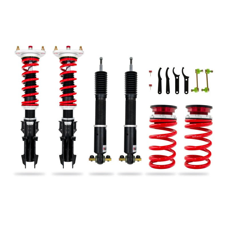 Pedders Extreme Xa height-adjustable monotube coilovers with red alloy steel springs for 2015-2025 Ford Mustang.