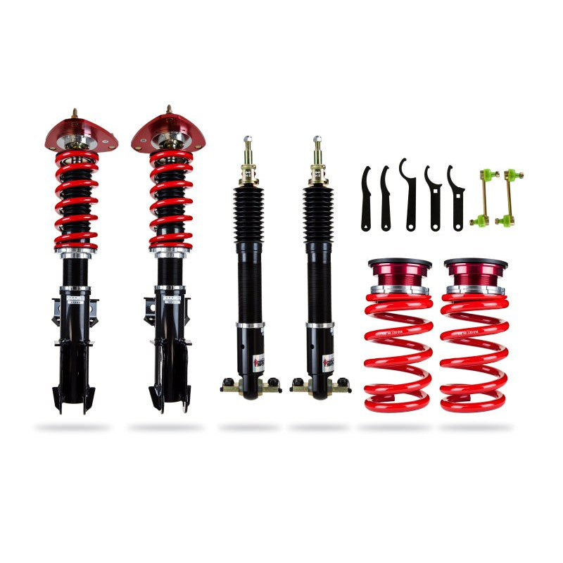 Pedders Extreme Xa adjustable mono-tube coilover kit with red springs and top plates for 2015-2025 Ford Mustang.