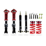 Pedders Extreme Xa adjustable mono-tube coilover kit with red springs and top plates for 2015-2025 Ford Mustang.