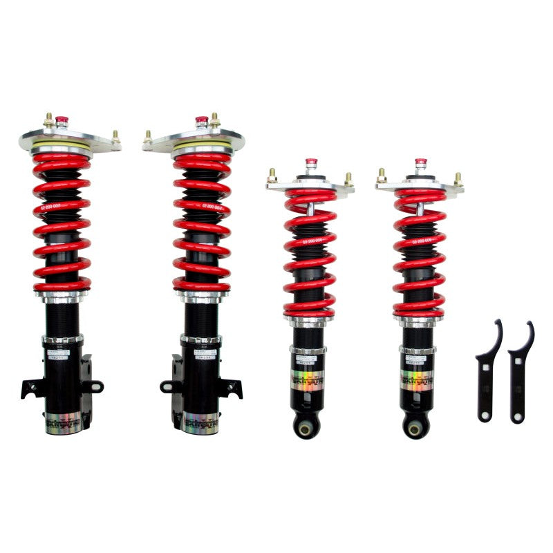 Pedders Extreme Xa monotube coilover kit with red alloy steel springs and 30-click adjustment for 2015-2018 Subaru WRX.