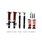 Pedders Extreme Xa adjustable monotube coilovers with red alloy steel springs for 2016-2018 Ford Focus RS.