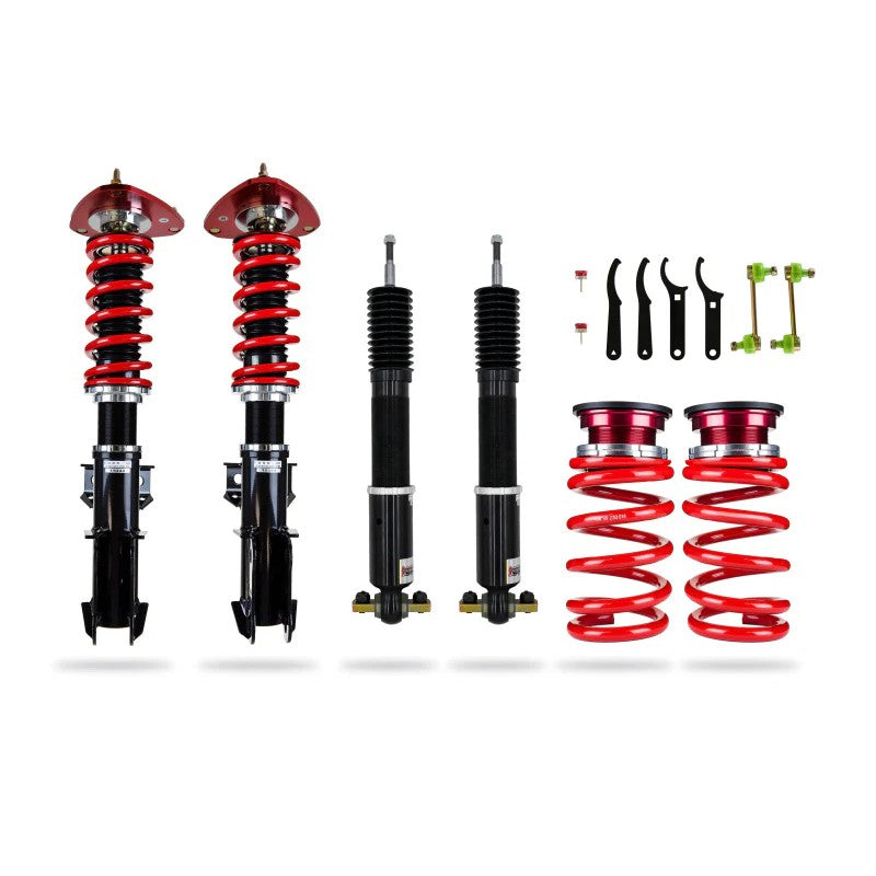 Pedders Extreme Xa adjustable mono-tube coilovers with red coil springs for 2015-2022 Ford Mustang S550.