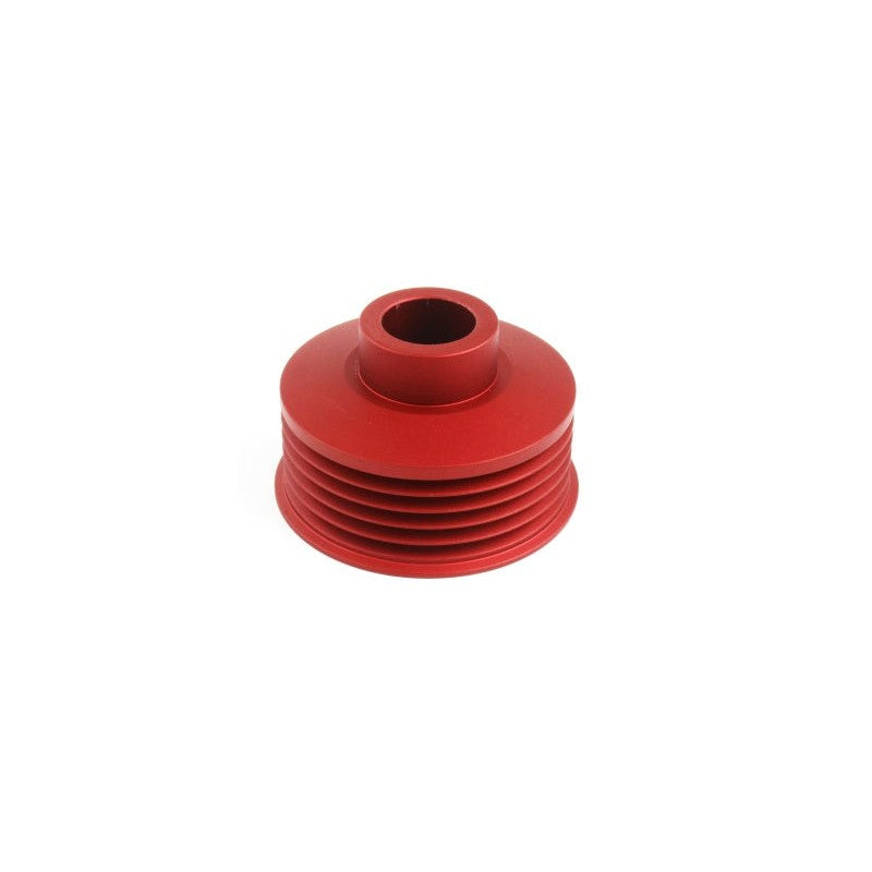 Red anodized PERRIN CNC-machined aluminum lightweight alternator pulley for Subaru Impreza.