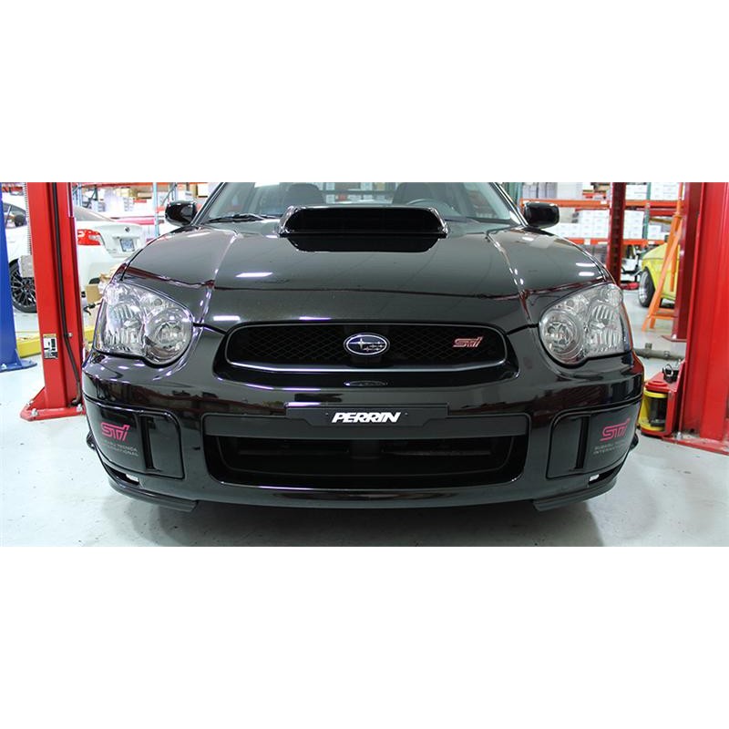 Black PERRIN logo license plate delete plate for 2002-2005 Subaru WRX and STI front bumpers.