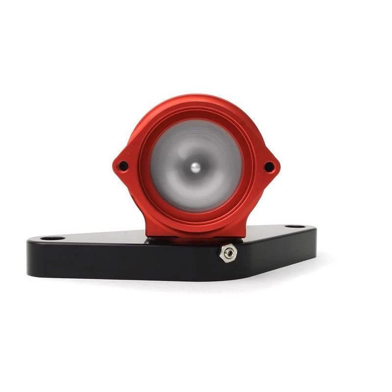 Red PERRIN bypass and blow off valve with machined aluminum body for Subaru WRX and STI engines.