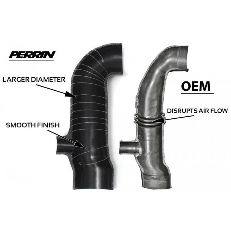Black PERRIN 3-inch diameter reinforced silicone turbo inlet hose for 2004-2008 Subaru Forester XT.
