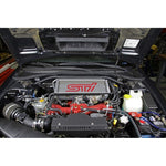 Black PERRIN front strut tower brace for 2002-2007 Subaru Impreza WRX STi and 2004-2008 Forester.