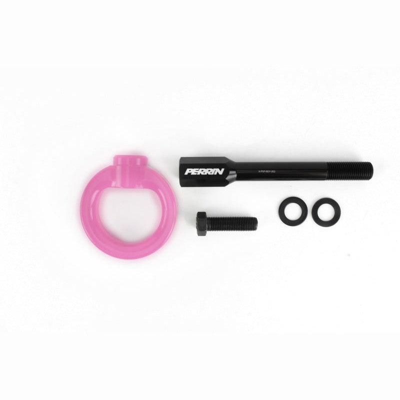 Hyper Pink PERRIN front tow hook with black threaded mounting stem for 2002-2007 Subaru WRX and STI.