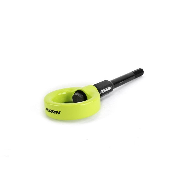 Neon yellow PERRIN front tow hook kit with threaded mounting stem for 2002-2007 Subaru WRX and STI