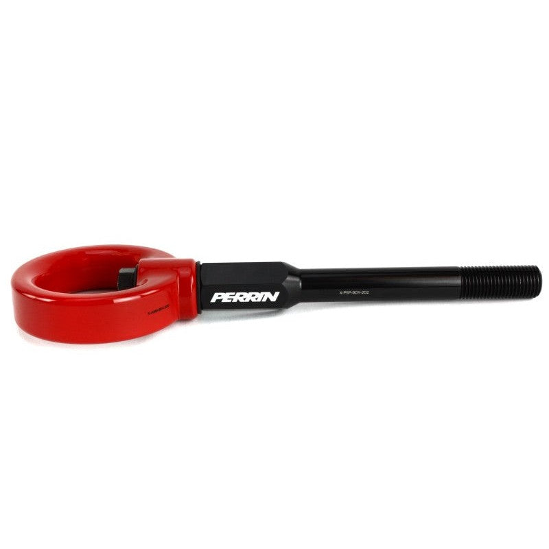 Red PERRIN front tow hook with black threaded mounting stem for 2002-2007 Subaru WRX and STI