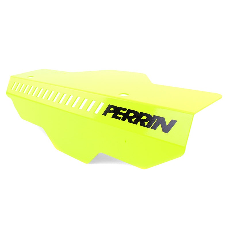 Neon yellow PERRIN pulley cover with laser-etched logo for Subaru WRX and STI engine bays.