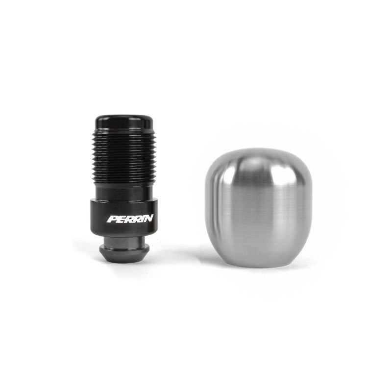 PERRIN brushed stainless steel barrel-style weighted shift knob for manual Subaru transmissions
